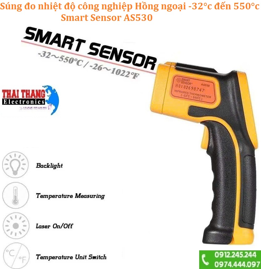 Súng đo nhiệt độ công nghiệp Hồng ngoại - 32°c - 550°c chính hãng smart sensor AS530