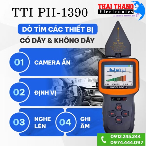 thiết bị dò sóng camera siêu nhỏ, nghe trộm , điện thoại ,  định vị GPS , ghi âm siêu hiện đại, siêu chính xác và siêu nhạy TTI KOREA PH1390