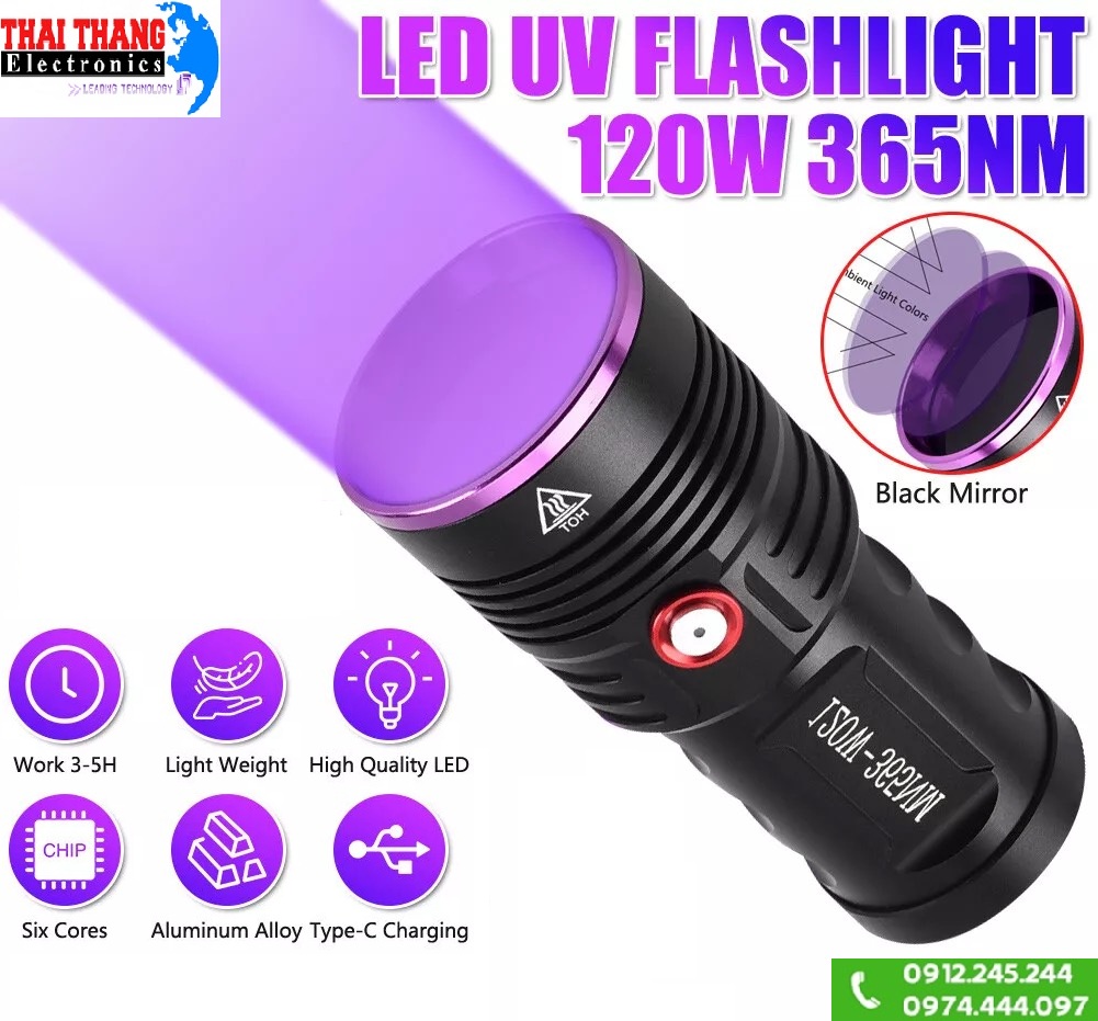 Đèn pin tia cực tím UV TERINO D6000 độ sáng mạnh 120w 365nm cao cấp chính hãng