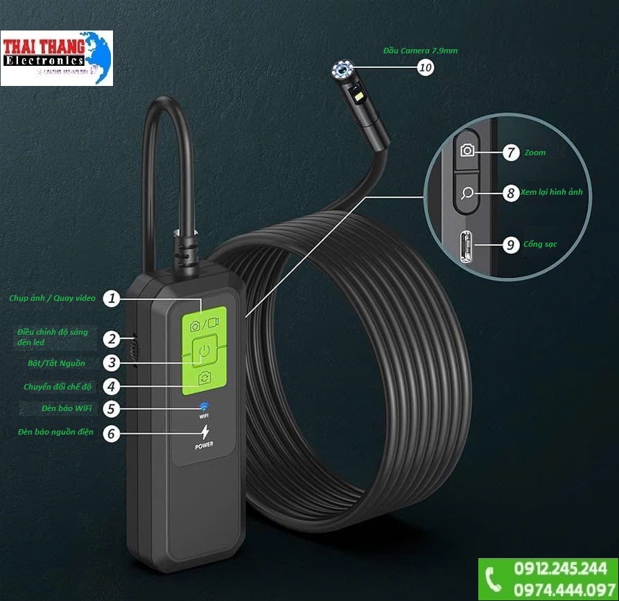 CAMERA SOI KHE HẸP , NỘI SOI MÁY ,BUỒNG ĐỐT WIFI KHÔNG DÂY TERINO HD600