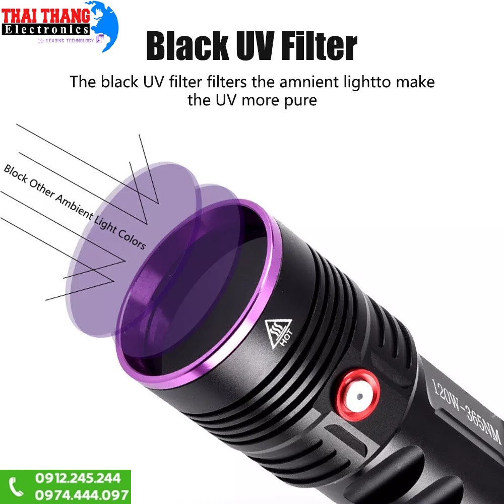 Đèn pin tia cực tím UV TERINO D6000 độ sáng mạnh 120w 365nm cao cấp chính hãng