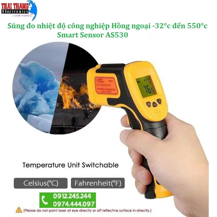 Súng đo nhiệt độ công nghiệp Hồng ngoại - 32°c - 550°c chính hãng smart sensor AS530