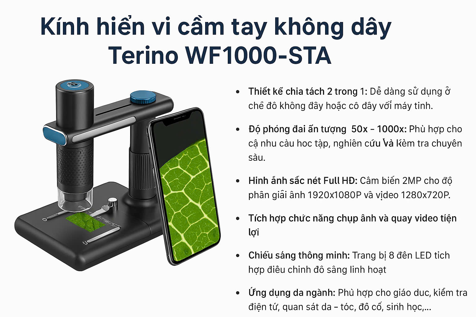 Kính hiển vi cầm tay không dây Terino WF1000-STA (WiFi 50x - 1000x) – Hàng chính hãng