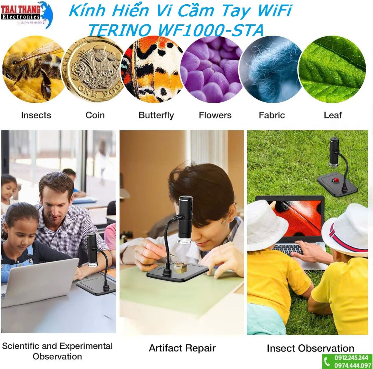 Kính hiển vi cầm tay không dây Terino WF1000-STA (WiFi 50x - 1000x) – Hàng chính hãng