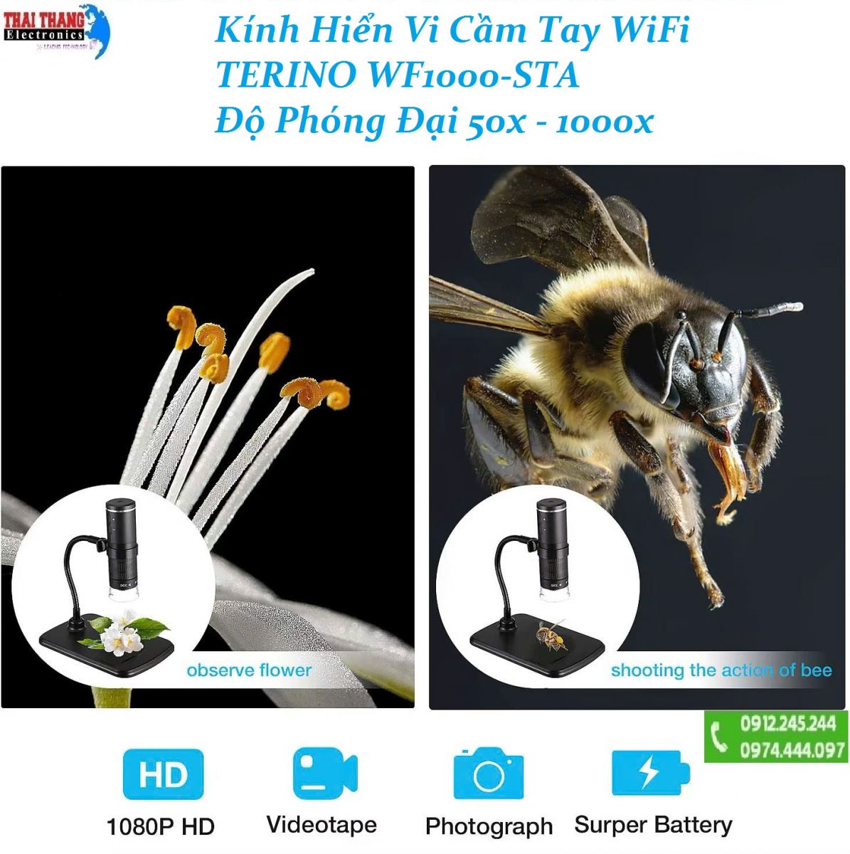 Kính hiển vi cầm tay không dây Terino WF1000-STA (WiFi 50x - 1000x) – Hàng chính hãng
