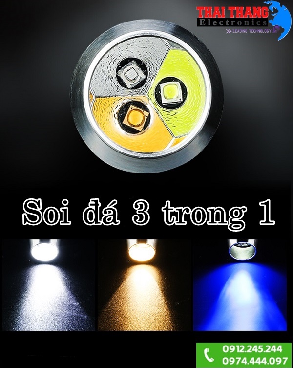 Đèn pin soi đá, soi kiểm tra xe ô tô 3 led in 1 ( trắng, vàng, uv) SuperFire S19-X