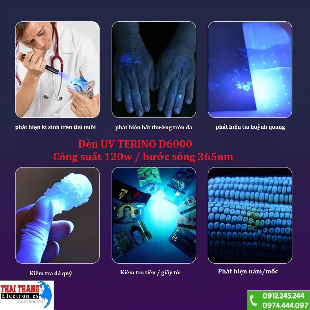 Đèn pin tia cực tím UV TERINO D6000 độ sáng mạnh 120w 365nm cao cấp chính hãng