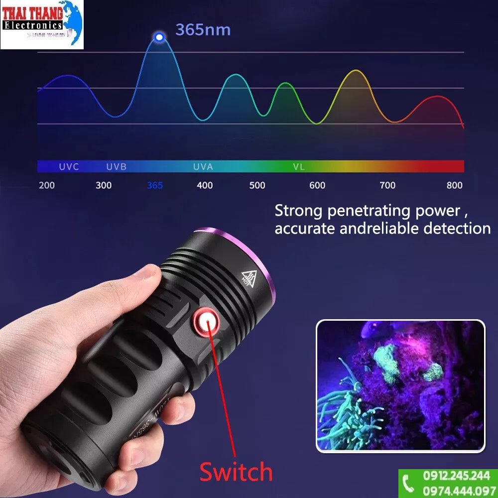 Đèn pin tia cực tím UV TERINO D6000 độ sáng mạnh 120w 365nm cao cấp chính hãng