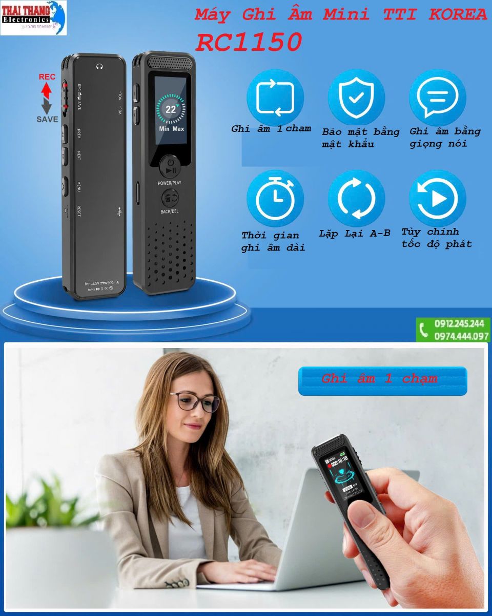 Máy Ghi Âm Mini TTI KOREA RC1150 – Thiết Kế Nhỏ Gọn, Âm Thanh Siêu Nét, Micro Siêu Nhạy