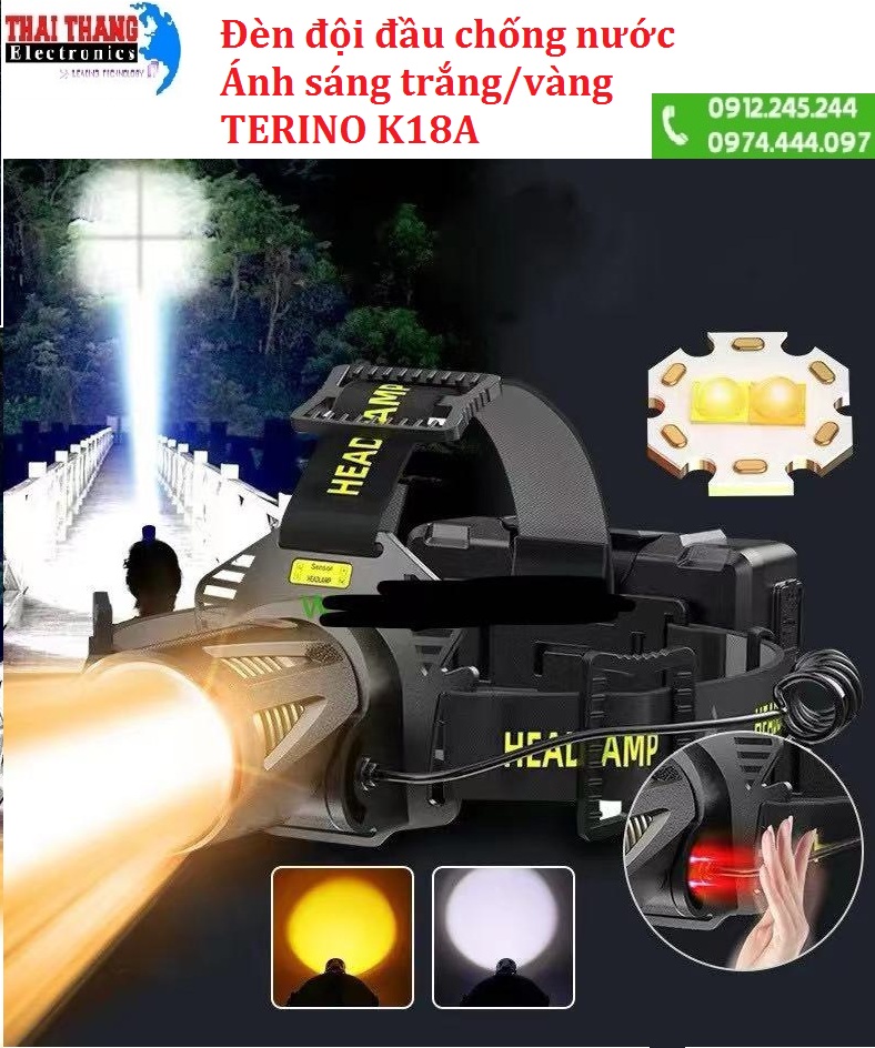 Đèn pin đeo đầu TERINO K18A chống nước chính hãng, ánh sáng vàng và trắng