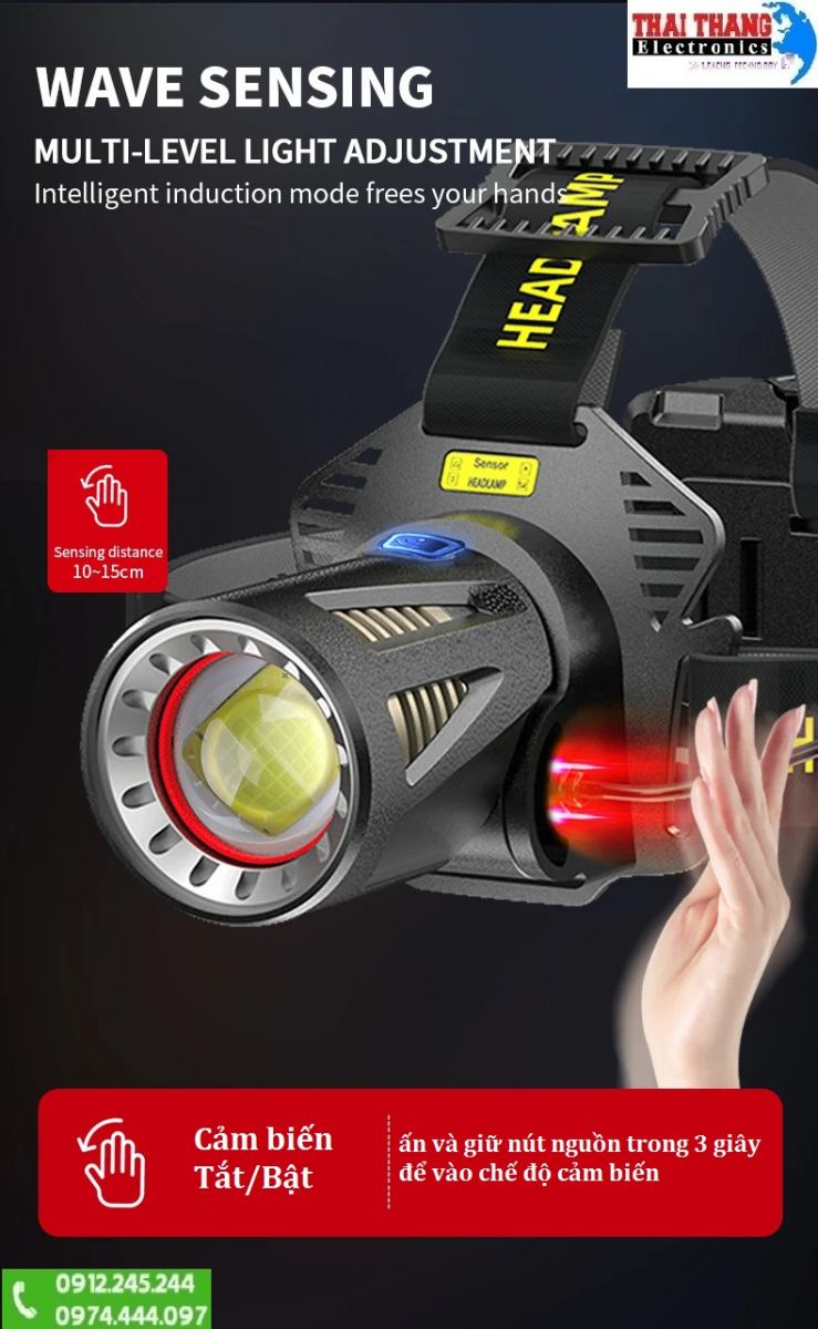 Đèn pin đeo đầu TERINO K18A chống nước chính hãng, ánh sáng vàng và trắng
