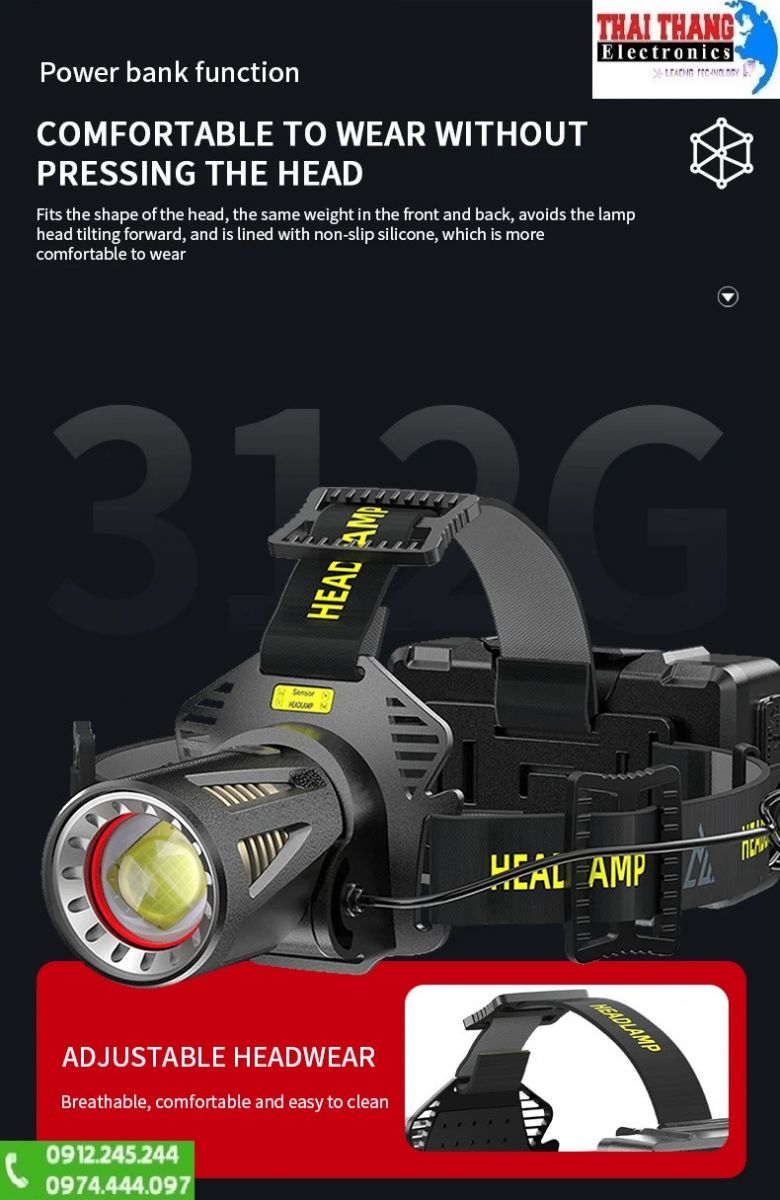 Đèn pin đeo đầu TERINO K18A chống nước chính hãng, ánh sáng vàng và trắng