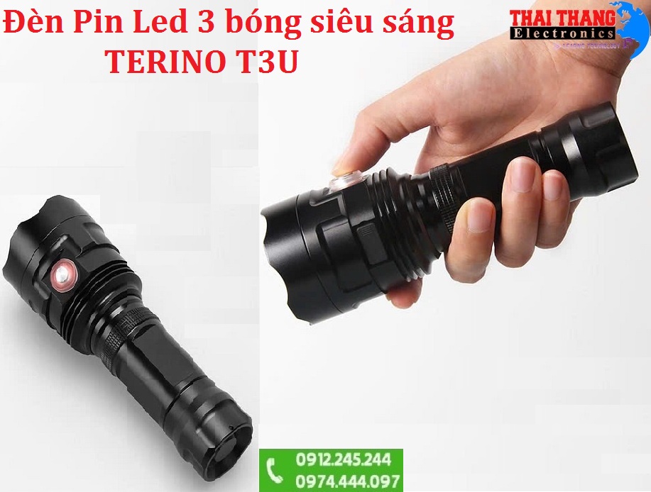 ĐÈN PIN SẠC ĐIỆN TERINO T3U 3 bóng siêu sáng xa 300m chính hãng