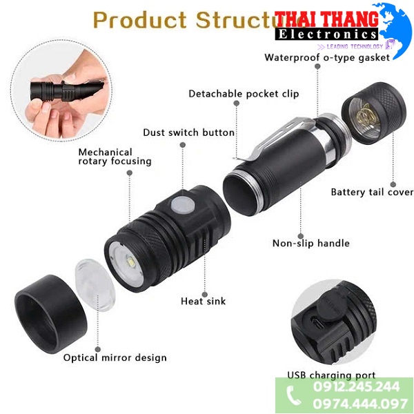 ĐÈN PIN SẠC MINI CẦM TAY CÓ ZOOM TERINO T518 CHÍNH HÃNG
