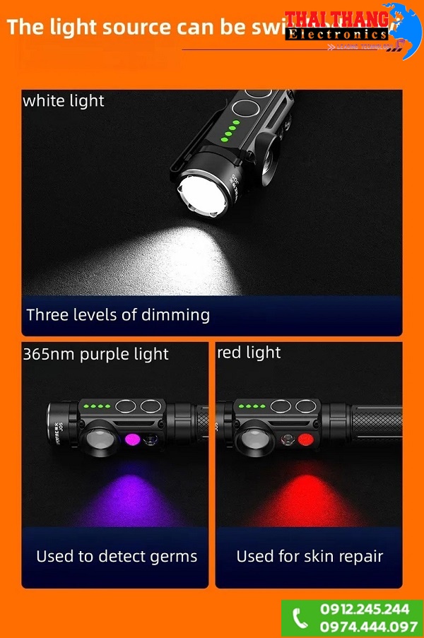 Đèn pin J05 - 4 Led ( Vàng, Trắng, Đỏ, UV ) in 1