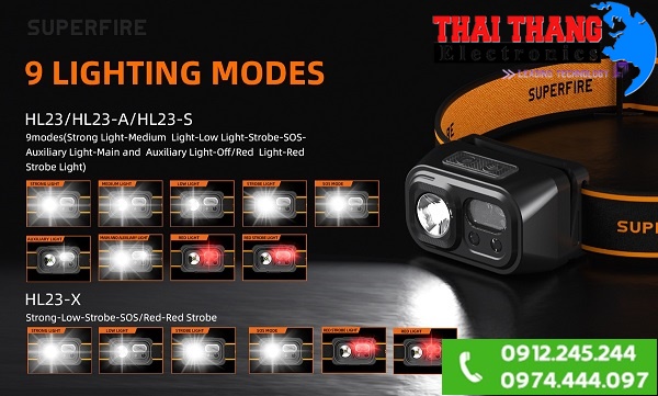 Đèn pin đeo đầu cảm ứng, 9 chế độ Superfire HL23-S